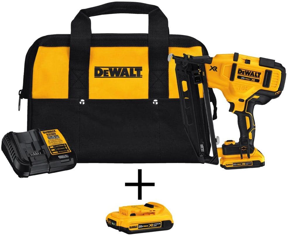 DeWalt 20V MAX XR Lithium-Ion 16-Gauge Cordless Angled Finish Nailer Kit with (2) 2.0Ah Battery Packs, Charger and Bag