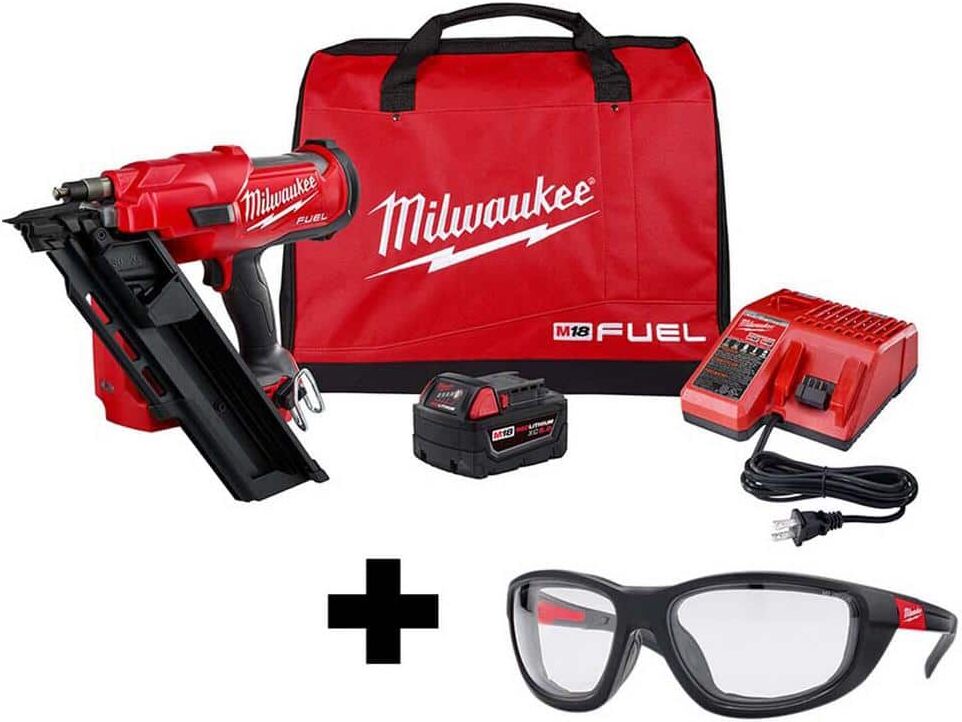 Milwaukee M18 FUEL 3-1/2 in. 18-Volt 30-Degree Lithium-Ion Brushless Framing Nailer Kit and Performance Safety Glasses with Gasket