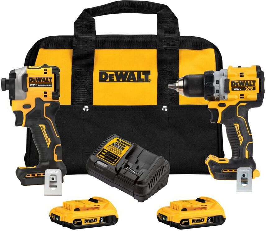 DeWalt 20V MAX XR Cordless Drill/Driver, ATOMIC Impact Driver 2 Tool Combo Kit, (2) 2.0Ah Batteries, Charger, and Bag