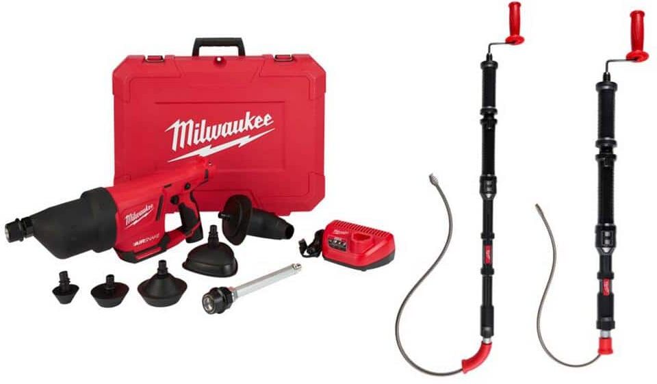 Milwaukee M12 12-Volt Lithium-Ion Cordless Drain Cleaning Airsnake Air Gun Kit, 6 ft. Toilet Auger and 4 ft. Urinal Auger