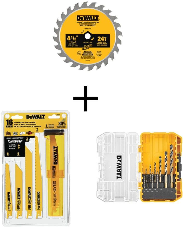 DeWalt Atomic 4-1/2 in. 24-Tooth Circular Saw Blade with Recip Saw Blade Set (16-Piece) & Black & Gold Drill Bit Set (10-Piece)