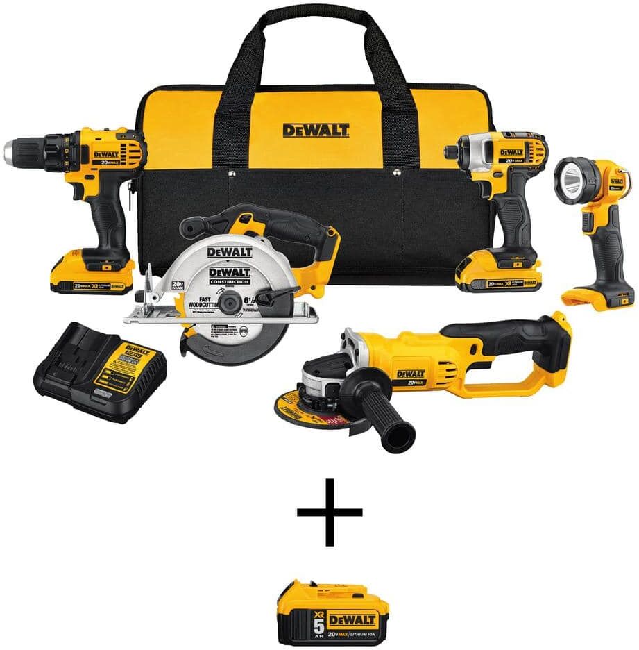 DeWalt 20V MAX Li-Ion Cordless 5 Tool Combo Kit, (1) 20V MAX 5.0Ah Battery, (2) 20V 2.0Ah Batteries, and Charger