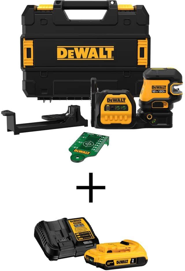 DeWalt 20V Maximum Lithium-Ion Cordless Green Cross-Line Laser Level, (1) 20V MAX 2.0Ah Battery, and Charger