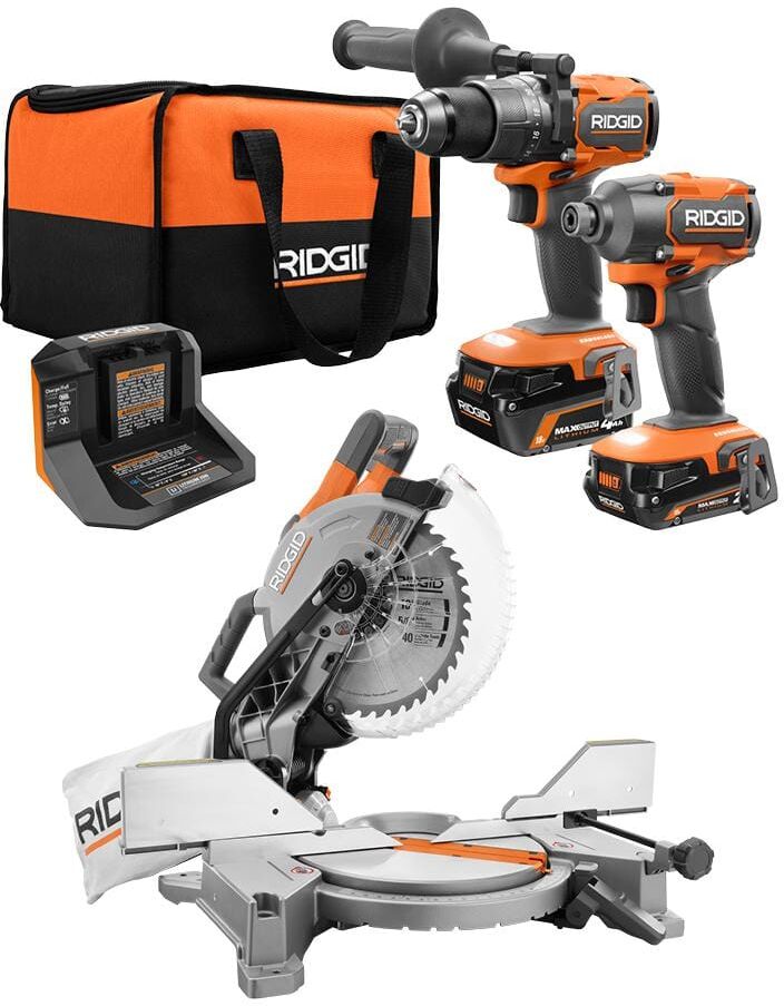 RIDGID 18V Brushless Cordless 2-Tool Combo Kit with (2) Batteries, Charger, Bag, and 15 Amp 10 in. Dual Bevel Miter Saw