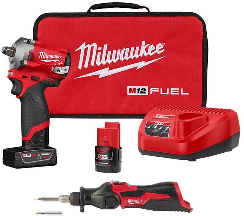 Milwaukee M12 FUEL 12V Lithium-Ion Brushless Cordless Stubby 1/2 in. Impact Wrench Kit with M12 Soldering Iron