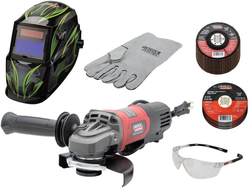 Lincoln Electric 11 Amp Angle Grinder Helmet Kit with Cut-off Wheels, Flap Discs, Safety Glasses and Welding Gloves