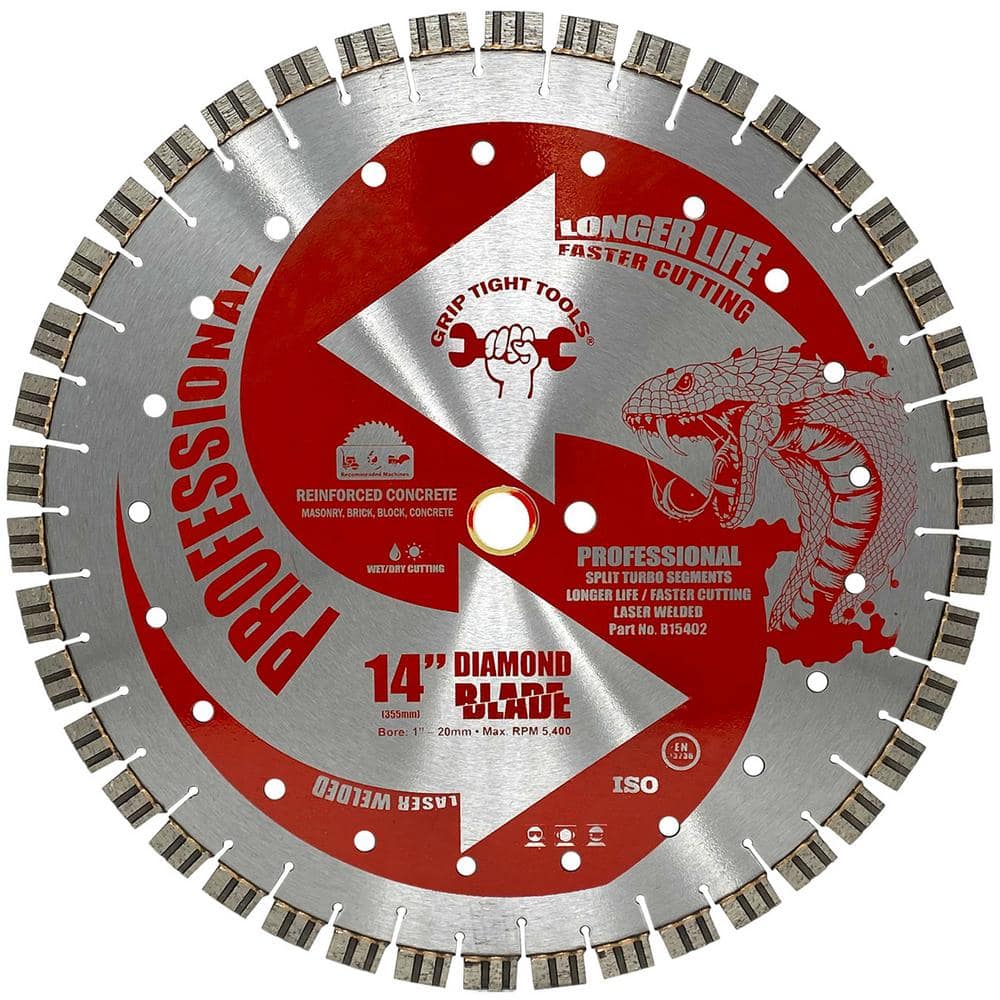 GRIP TIGHT TOOLS 14 in. Professional Laser Welded Split Turbo Segmented Diamond Blade for Concrete and Hard Materials