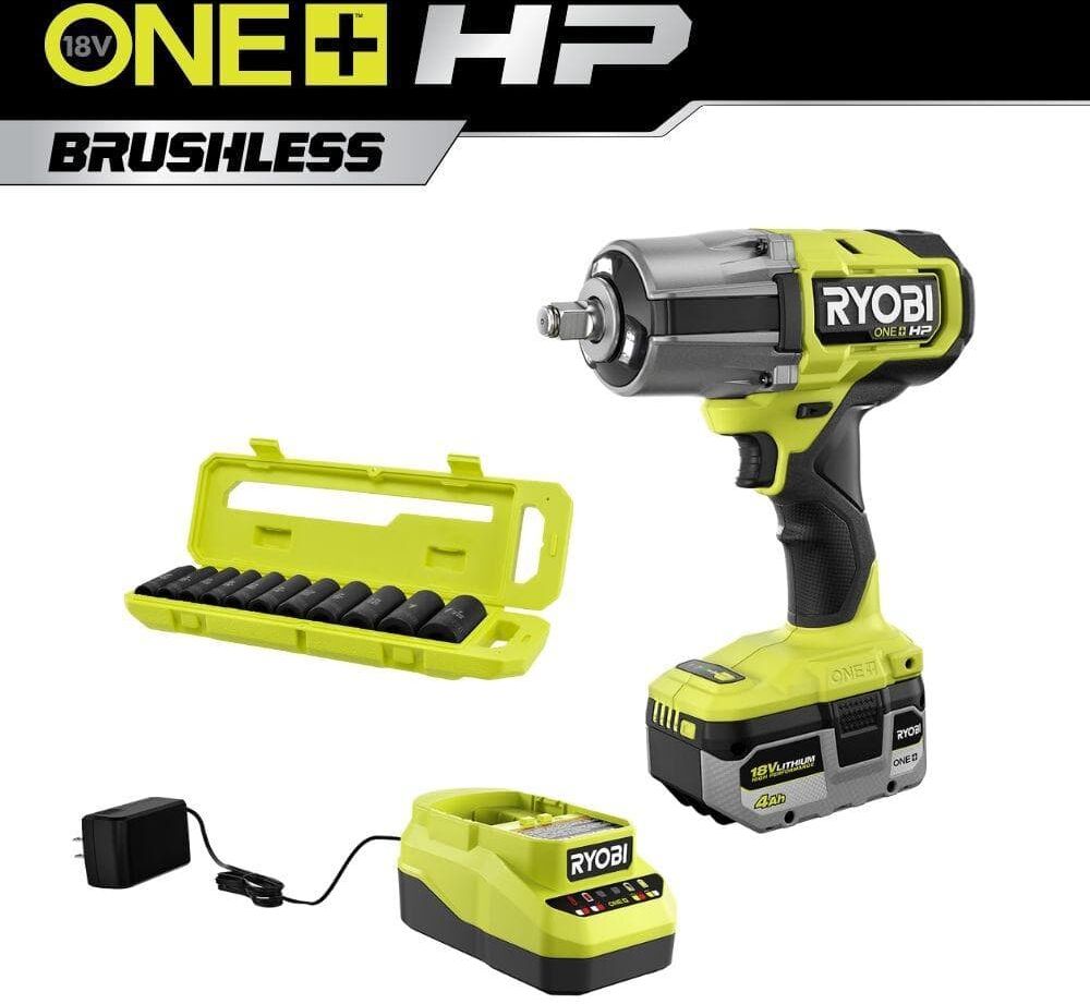 RYOBI ONE+ HP 18V Brushless Cordless 4-Mode 1/2 in. High Torque Impact Wrench Kit w/ 4.0 Battery, Charger, & Metric Socket Set