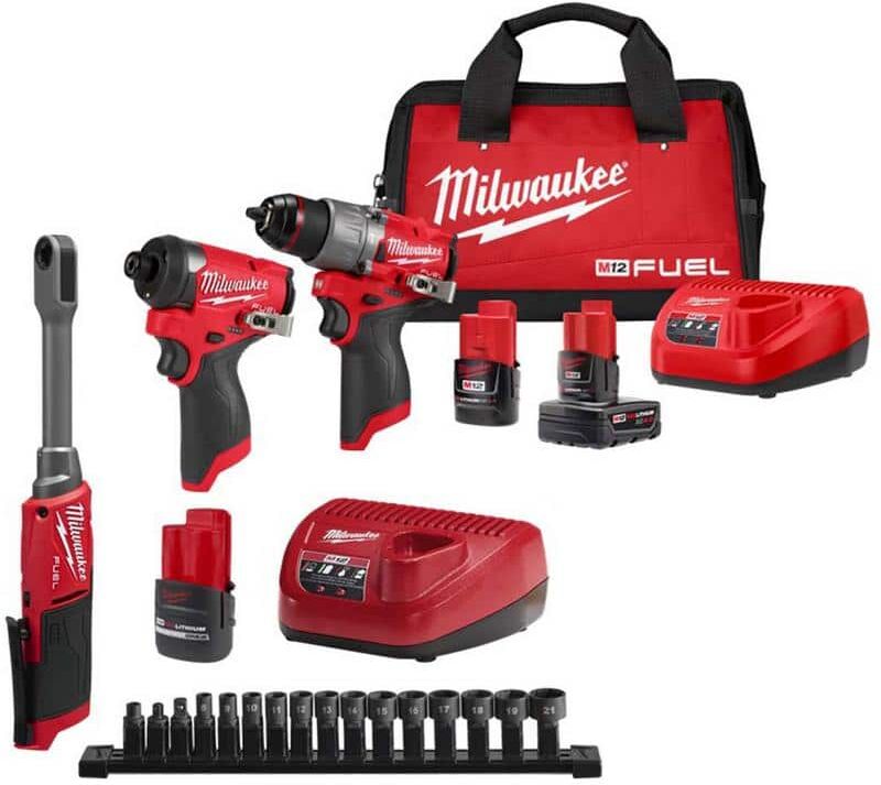 Milwaukee M12 FUEL INSIDER 12V Lithium-Ion Brushless Cordless 1/4in-3/8in Extended Reach Box Ratchet Kit w/ M12 2-Tool Combo Kit