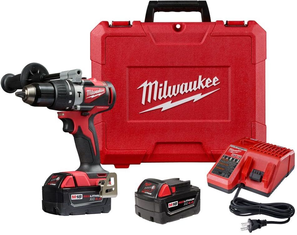 Milwaukee M18 18V Lithium-Ion Brushless Cordless 1/2 in. Compact Hammer Drill/Driver Kit w/Two 4.0Ah Batteries and Hard Case