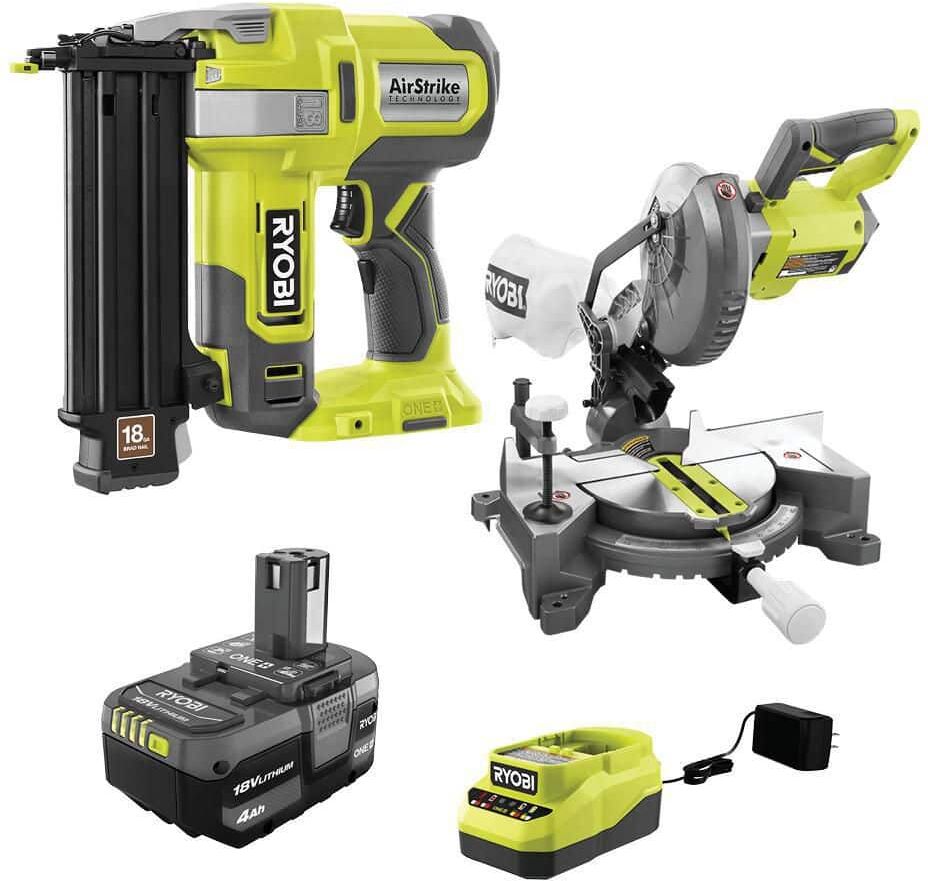 RYOBI ONE+ 18V Cordless 2-Tool Combo Kit with 18-Gauge AirStrike Brad Nailer, 7-1/4 in. Miter Saw, 4.0 Ah Battery, and Charger