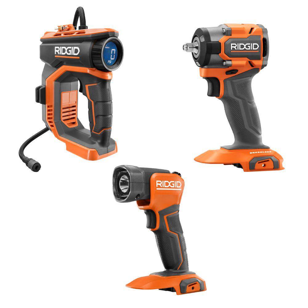 RIDGID 18V Cordless 3-Tool Combo Kit with Brushless SubCompact 3/8 in. Impact Wrench, Inflator, and LED Work Light (Tools Only)