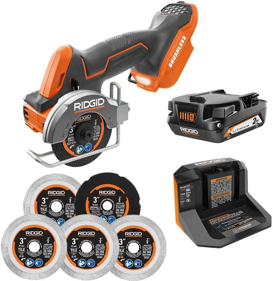 RIDGID 18V SubCompact Brushless Cordless 3 in. Multi-Material Saw Kit with (6) Cutting Wheels, 2.0 Ah Battery, and 18V Charger