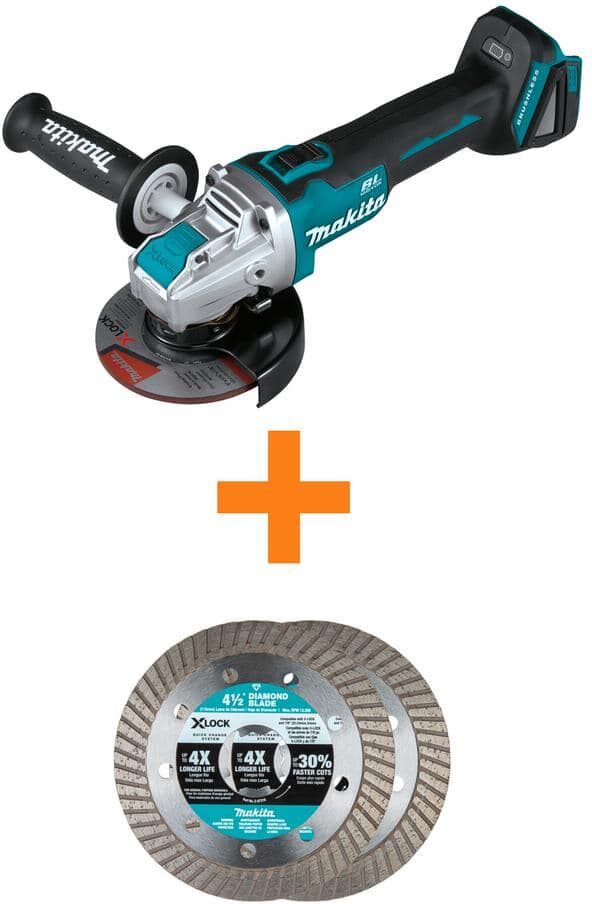 Makita 18V LXT Cordless BL 4.5/5 in. X-LOCK Angle Grinder, Tool Only with Bonus X-LOCK 4.5 in. Mason Cutting Blade, 2-Pack