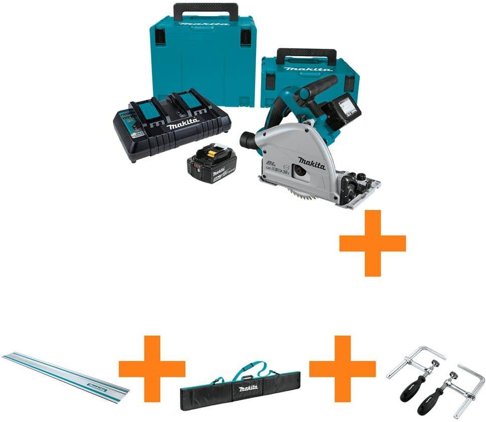 Makita 36V (18V X2) LXT Brushless Cordless 6-1/2" Plunge Circular Saw Kit (5.0Ah) & bonus 55" Guide Rail with Bag & Clamps