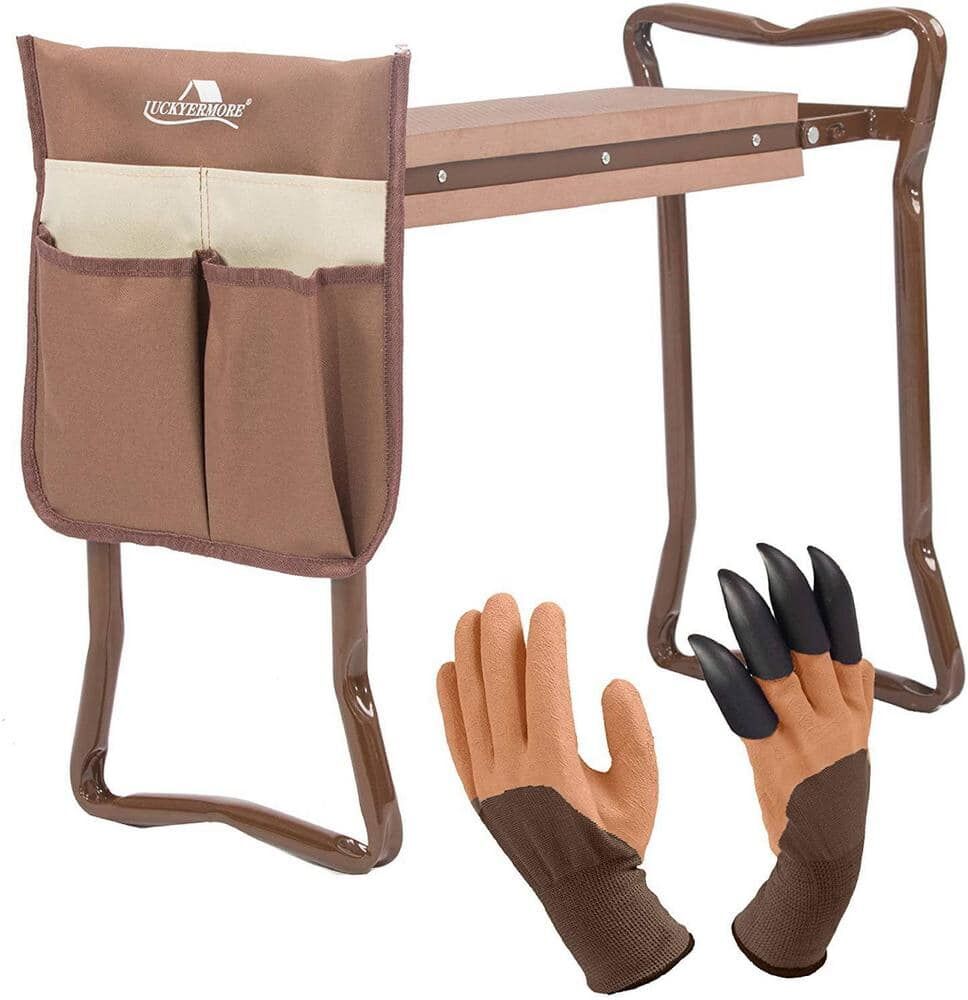 Garden Kneeler and Seat Foldable Soft Kneeling Bench Stool with Gardening Gloves and Removable Tool Pouch, Brown