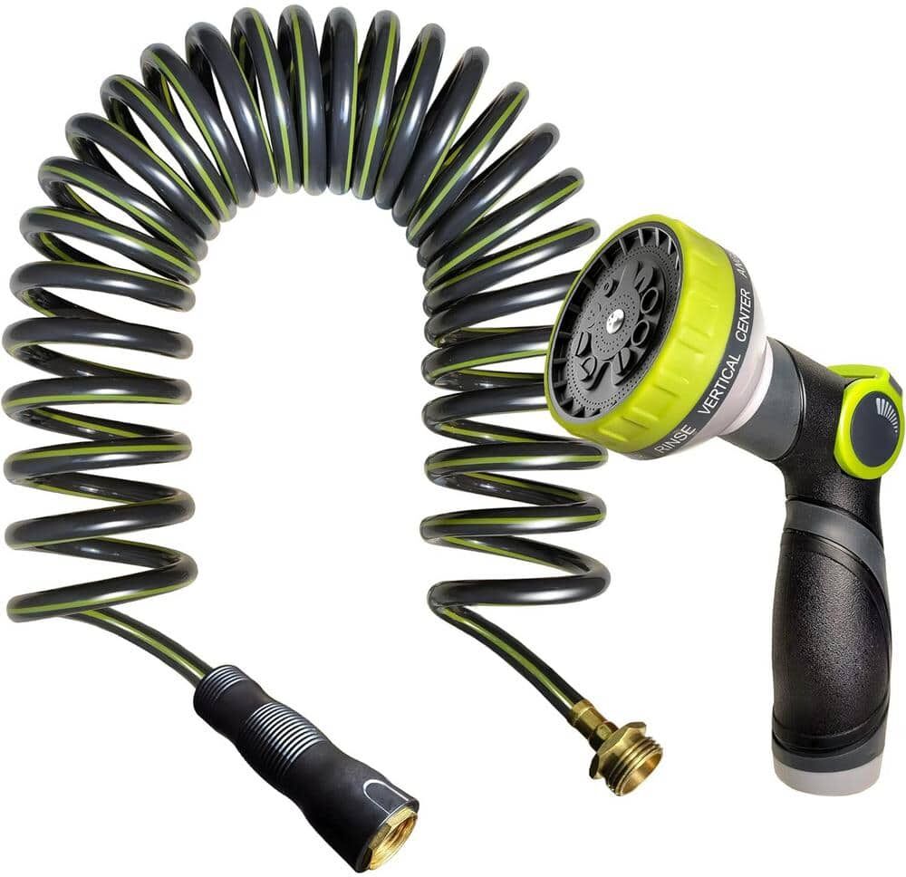 ITOPFOX 3/4 in. Dia x 25 ft. Heavy-Duty Coiled Garden Hose with 10 Patterns Spray Nozzle and Brass Connectors