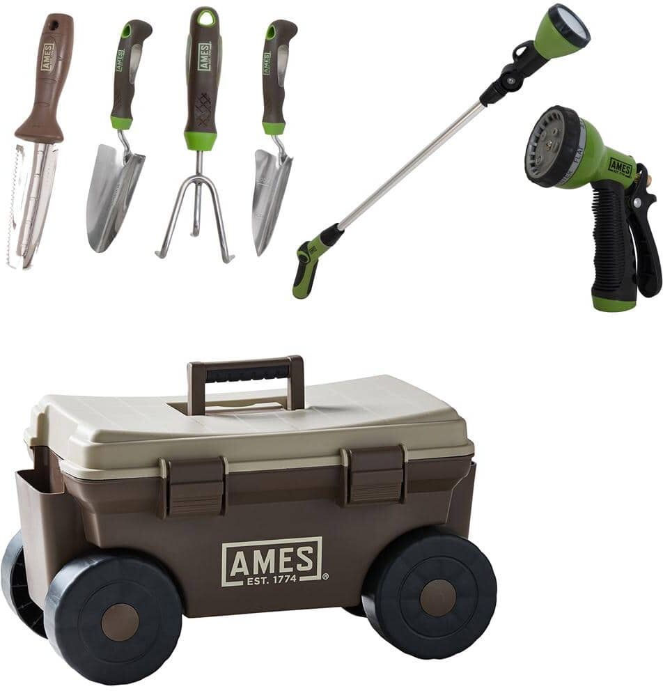 Ames 7-Piece Planting, Watering, and Rolling Cart Garden Tool Set for Outdoor Gardening