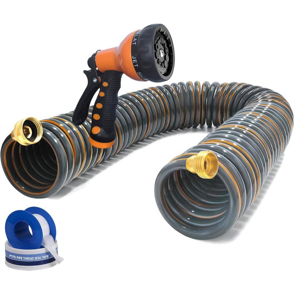 ITOPFOX 3/4 in. Dia x 25 ft. Heavy-Duty Coiled Garden Hose with 7 Patterns Spray Nozzle and Brass Connectors