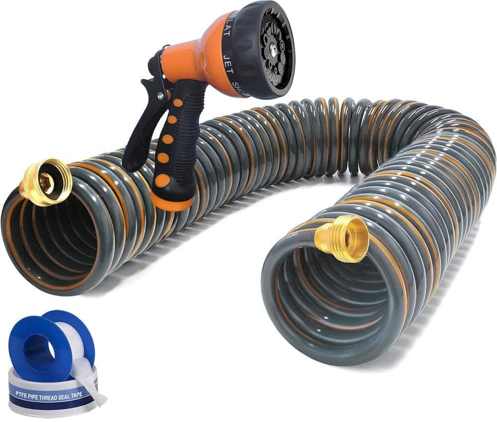 ITOPFOX 3/4 in. Dia x 50 ft. Heavy-Duty Coiled Garden Hose with 7 Patterns Spray Nozzle and Brass Connectors