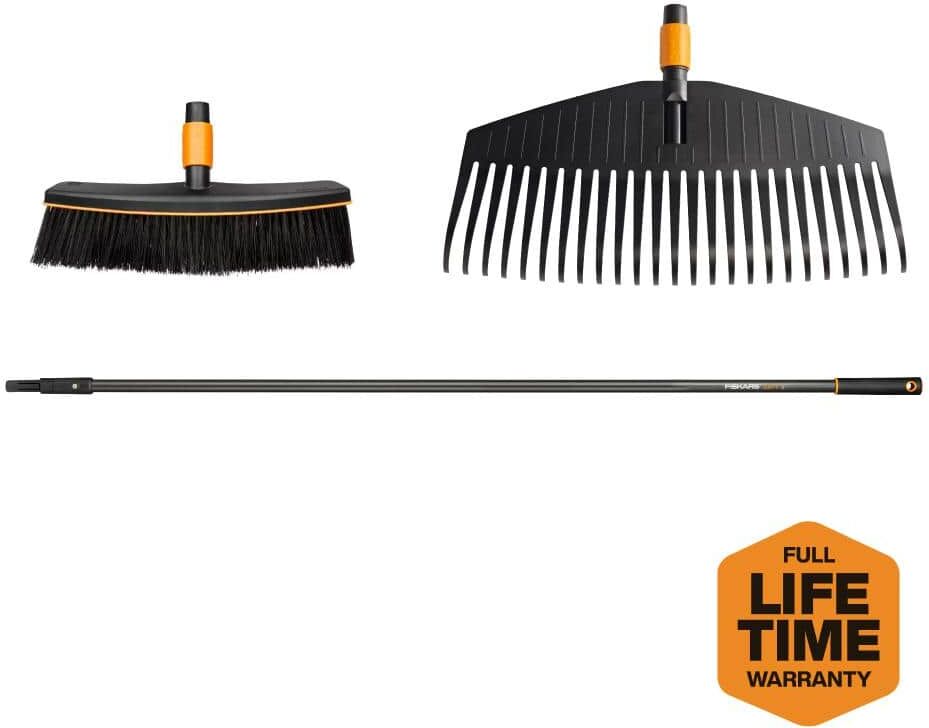 Fiskars 3-Piece Quikfit Leaf Rake and Broom Attachments Garden Tool Set