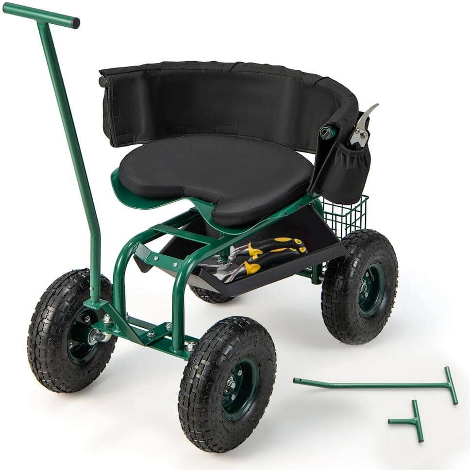 Costway 0.18 cu. ft. Metal Rolling Garden Cart Outdoor Gardening Workseat with Adjustable Height and Tool Storage