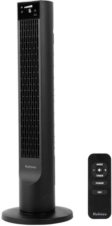 Holmes 36 in. Clean Breeze Oscillating 6-Speed Black Digital Tower Fan with Remote Control Black