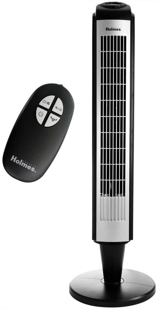 Holmes 36 in. Oscillating Tower Fan with Remote Control in Black and Silver