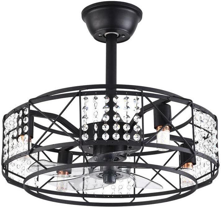 OUKANING 20 in. Indoor Black Crystal Decor Caged Ceiling Fan with Light Kit and Remote Control