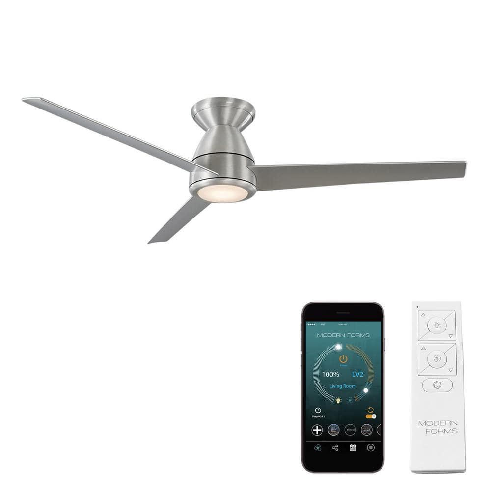 Modern Forms Tip Top 52 in. Smart Indoor/Outdoor 3-Blade Flush Mount Ceiling Fan Brushed Aluminum with 3000K LED and Remote Control