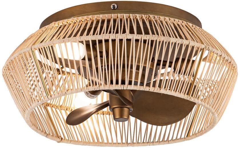 Parrot Uncle 13.5 in Indoor Antique Brushed Gold Cage Flush Mount Ceiling Fan with Light and Remote Control