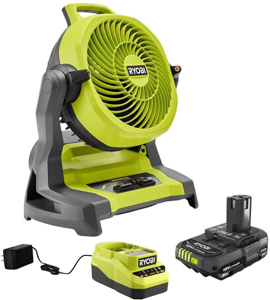 RYOBI ONE+ 18V Cordless 7-1/2 in. Bucket Top Misting Fan with 2.0 Ah Compact Battery and Charger Starter Kit