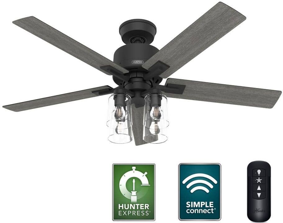 Hunter Techne 52 in. Indoor Matte Black Smart Ceiling Fan with Light Kit and Remote Included