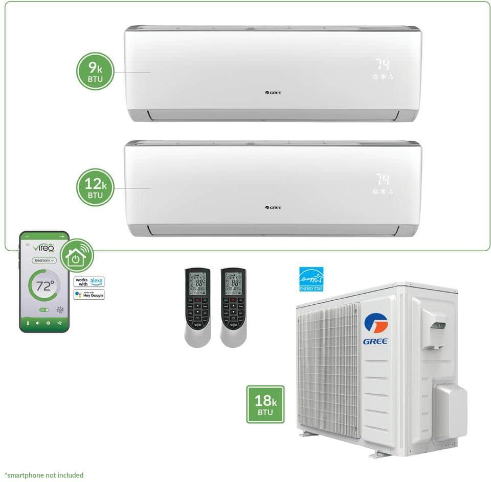 GREE Gen3 Smart Home 22 SEER Dual-Zone 18,000 BTU 1.5 Ton Ductless Mini Split Air Conditioner and Heat Pump - 230V