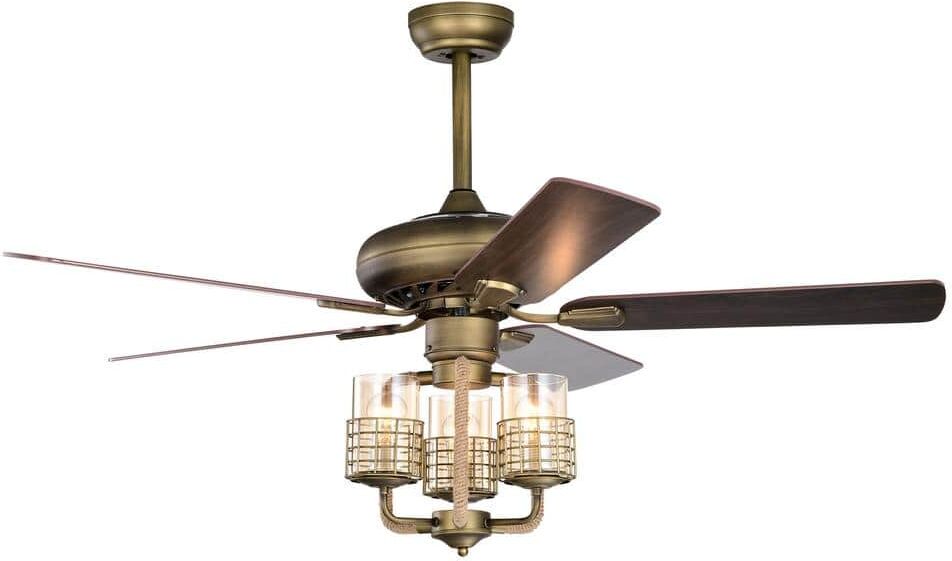 Etokfoks 52 in. Bronze Metal Adjustable Height 3 Lights Ceiling Fan with 5 Two-color Wood Blades and Remote Control