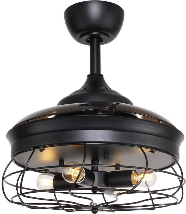 Flint Garden 36 in. Matte Black Industrial 3-Speed Retractable Cage Ceiling Fan with Light Kit and Remote Control