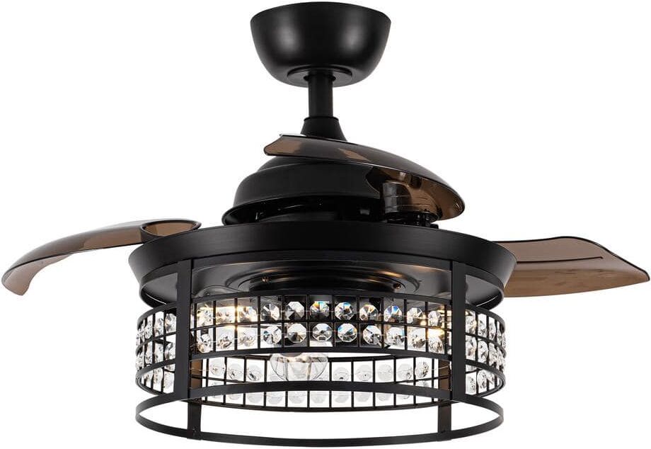 Flint Garden Modern 36 in. Indoor Black Retractable 3-Blade Crystal Ceiling Fan with Light Kit and Remote Control