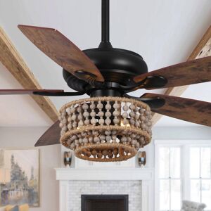 Parrot Uncle 52 in. Indoor Farmhouse Wood Beads Matte Black Ceiling Fan with Remote Control and Light Kit