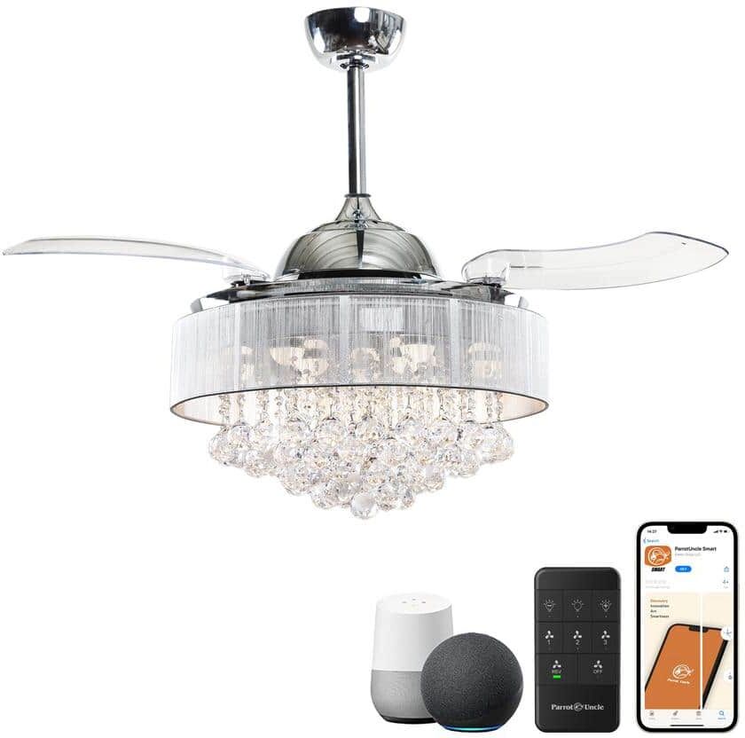 Parrot Uncle 42 in. LED Indoor Chrome Smart Crystal Ceiling Fan with Light and Remote, Works with Google Home & Alexa & Ecobee & Tuya