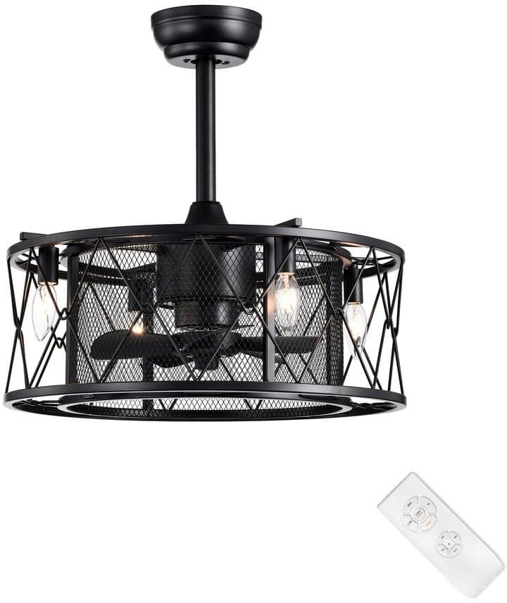 Edvivi 20 in. Industrial Indoor Matte Black Mesh Drum Reversible Ceiling Fan with Light Kit and Remote Control