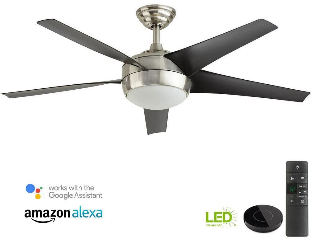 Home Decorators Collection Windward IV 52 in. Indoor LED Brushed Nickel Ceiling Fan with Light and Remote Works with Google Assistant and Alexa