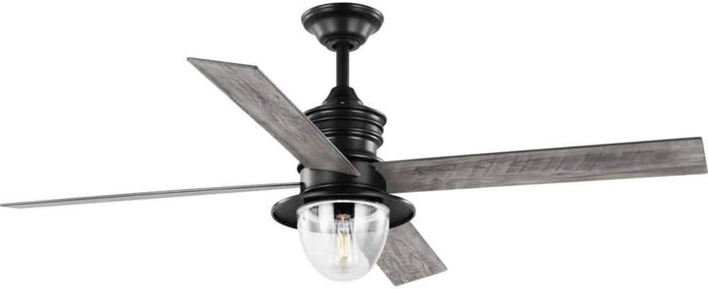 Progress Lighting Gillen 56 in. Indoor/Outdoor Integrated LED Matte Black Vintage Electric Ceiling Fan with Remote for Living Room