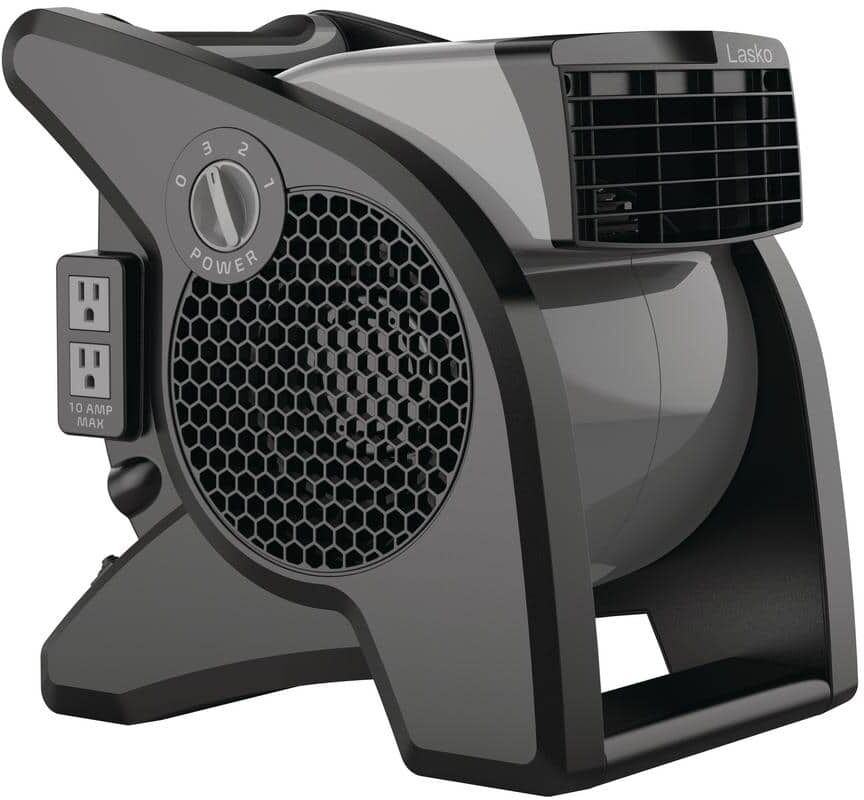 Lasko 11.2 in. 3 Speeds Blower Fan in Gray with Carry Handle, Circuit Breaker, Power Outlets, High Velocity Utility Pivoting