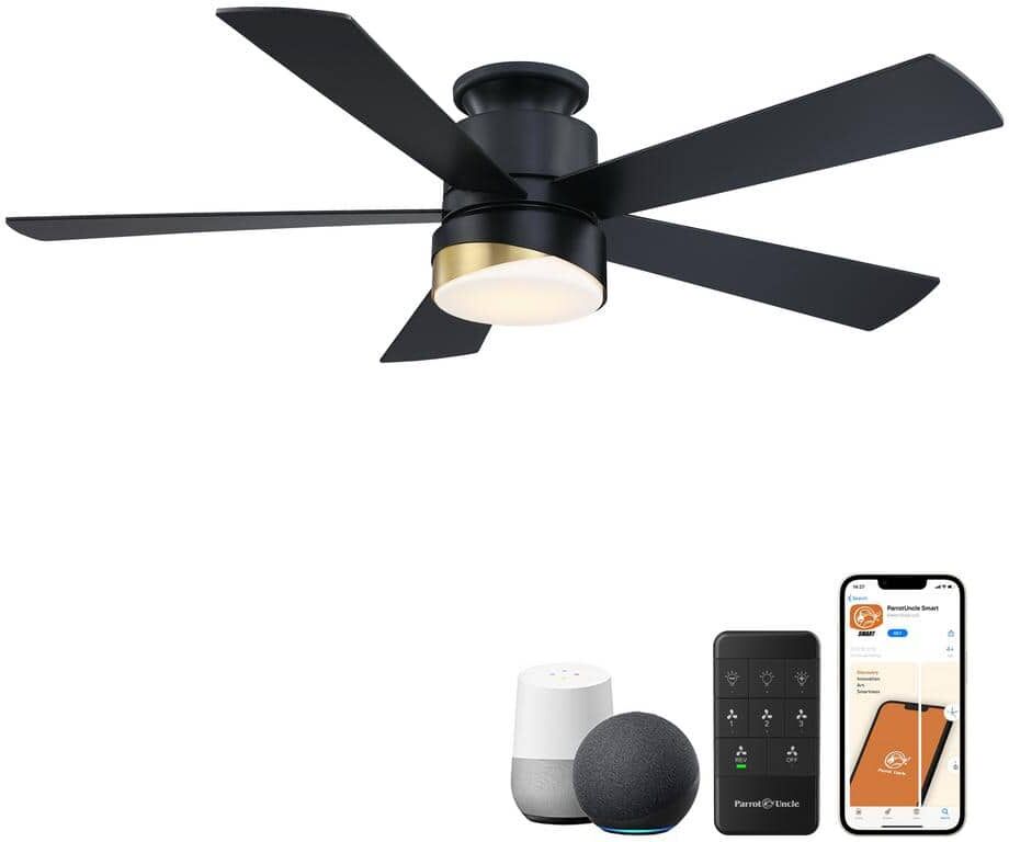 Parrot Uncle 52 in. Indoor Integrated LED CCT Matte Black Flush Mount Smart Ceiling Fan with Remote, Works with Alexa & Google Home