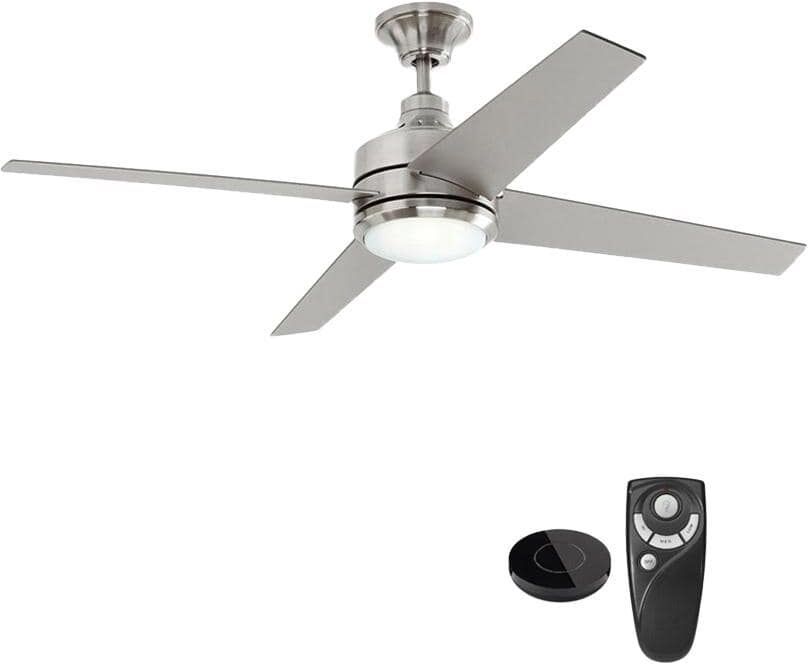 Home Decorators Collection Mercer 52 in. Integrated LED Indoor Brushed Nickel Ceiling Fan with Light Kit works with Google Assistant and Alexa