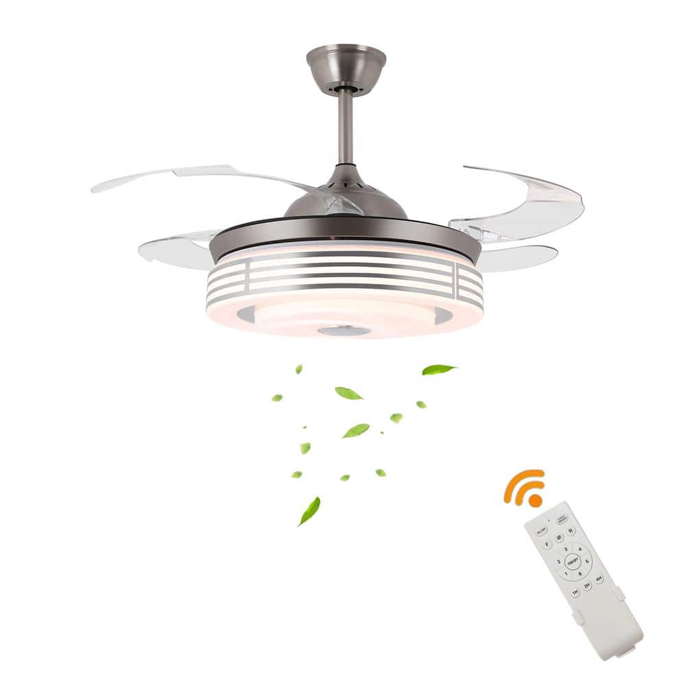 OUKANING 42 in. Integrated LED Silver Indoor Retractable 7 Color Changes Ceiling Fan with Light and Music Player