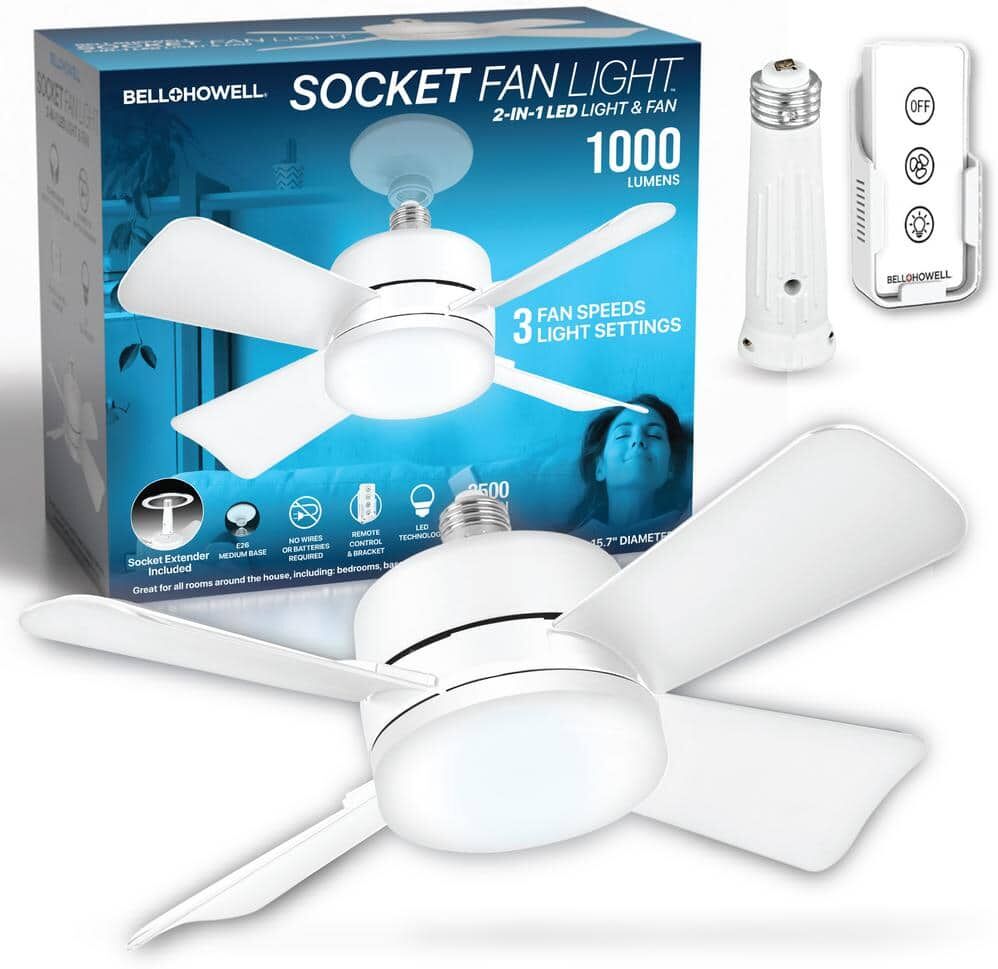 Bell + Howell 15.7 in. Indoor White Ceiling Fan with Remote, LED Light, Socket