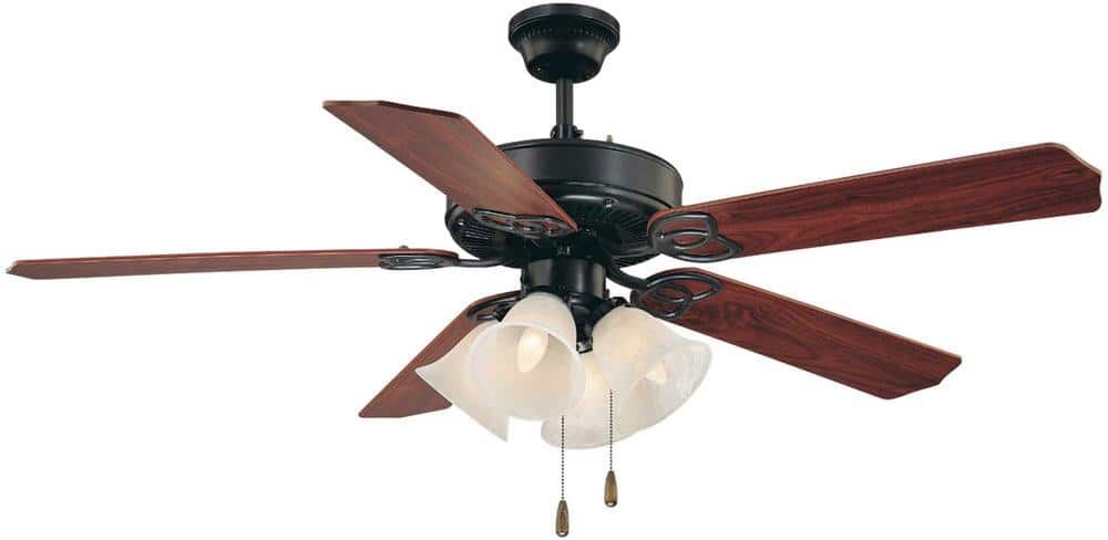 Volume Lighting 52 in. 4-Light Antique Bronze Ceiling Fan with Light and Reversible Rosewood/Walnut Blades and Alabaster Glass Shades