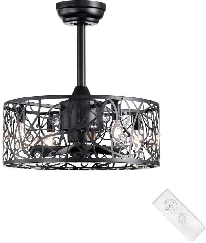 Edvivi 18 in. Glam Indoor Matte Black Drum Reversible Ceiling Fan with Crystal Light Kit and Remote Control