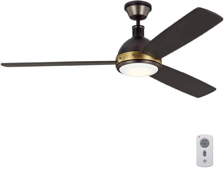 Generation Lighting Hicks 60 in. Integrated LED Indoor Deep Bronze/Antique Brass Ceiling Fan with Bronze Blades, Light and Remote Control